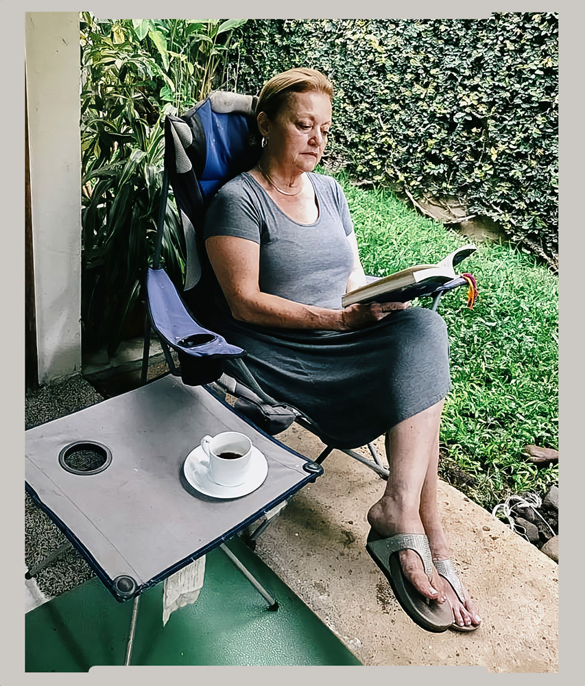 Relaxing in her small indoor patio