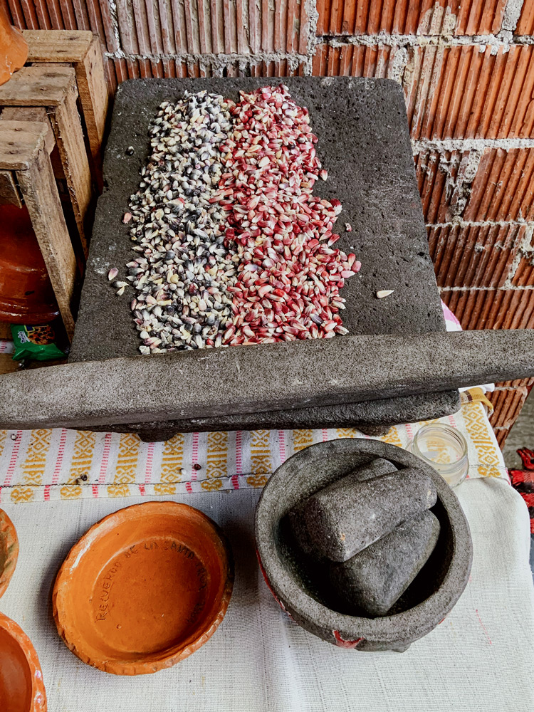 Preparing to grind the prepared corn, or nixtamal, on a base made of volcanic stone