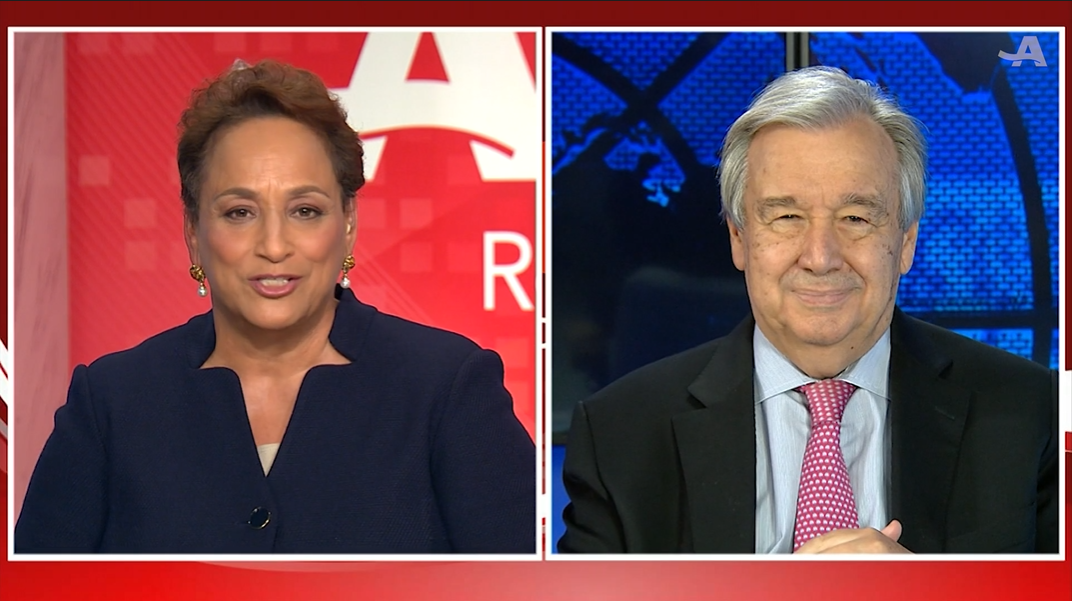 Joann Jenkins and Antonio Guterres side-by-side during an interview about COVID-19 and the elderly population